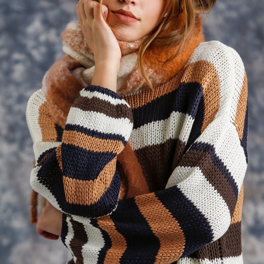 Women's Navy/Brown Multicolored Stripe Round Neck Long Sleeve Knit Sweater NWT